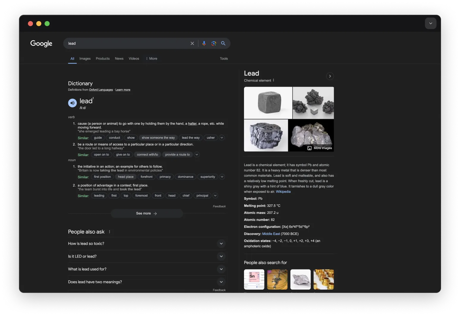 Google search for the word 'lead'